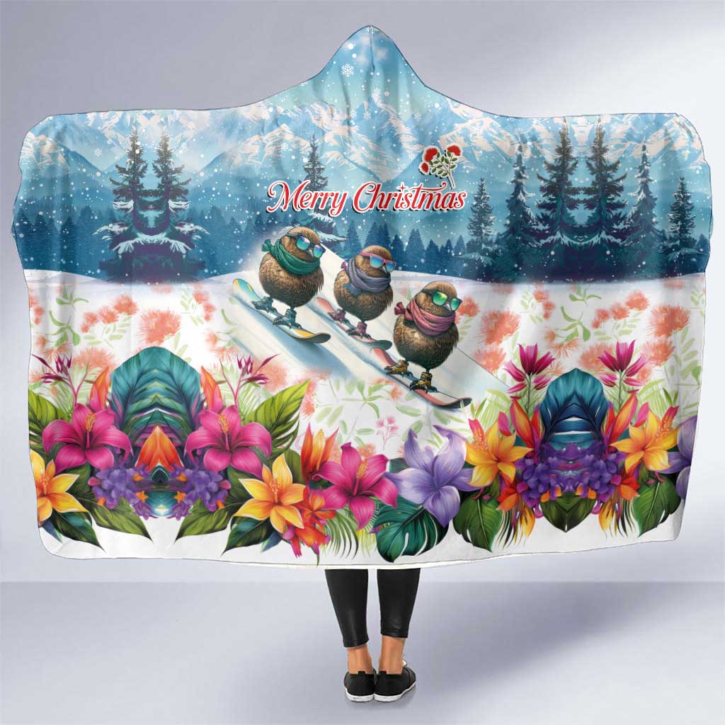 New Zealand Merry Christmas Hooded Blanket Kiwi Birds Snow Boarding-Vibrant Tropical Flower LT03 One Size White - Polynesian Pride