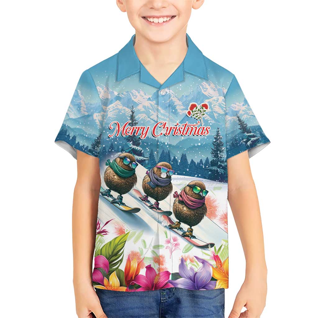 New Zealand Merry Christmas Kid Hawaiian Shirt Kiwi Birds Snow Boarding-Vibrant Tropical Flower LT03 Kid White - Polynesian Pride
