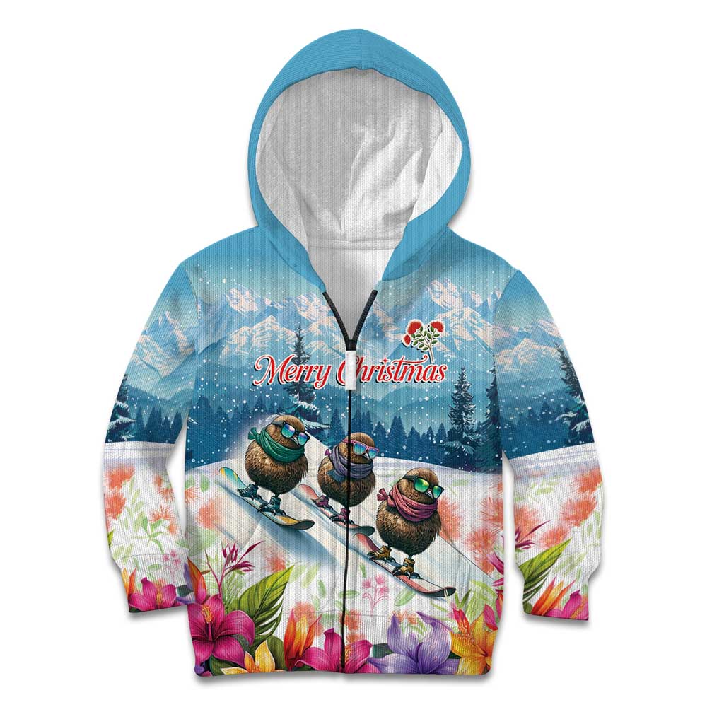 New Zealand Merry Christmas Kid Hoodie Kiwi Birds Snow Boarding-Vibrant Tropical Flower LT03 Zip Hoodie White - Polynesian Pride