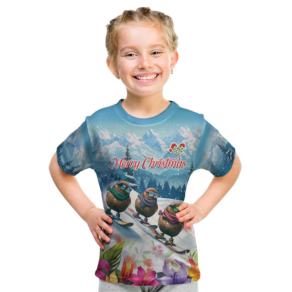New Zealand Merry Christmas Kid T Shirt Kiwi Birds Snow Boarding-Vibrant Tropical Flower LT03 White - Polynesian Pride