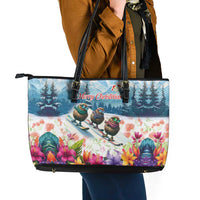 New Zealand Merry Christmas Leather Tote Bag Kiwi Birds Snow Boarding-Vibrant Tropical Flower LT03 - Polynesian Pride