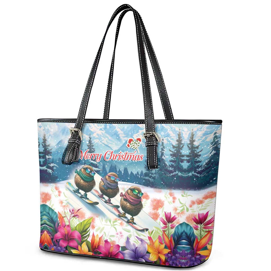 New Zealand Merry Christmas Leather Tote Bag Kiwi Birds Snow Boarding-Vibrant Tropical Flower LT03 - Polynesian Pride