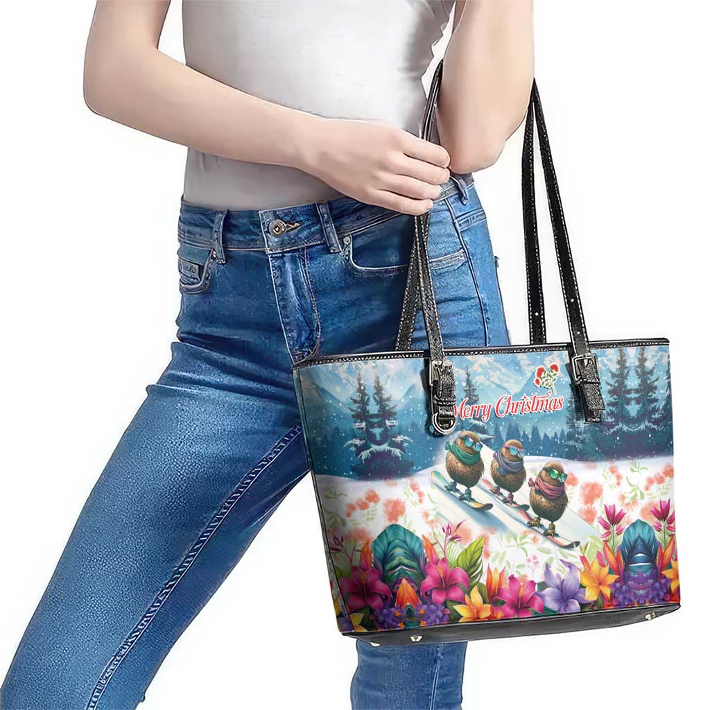 New Zealand Merry Christmas Leather Tote Bag Kiwi Birds Snow Boarding-Vibrant Tropical Flower LT03 - Polynesian Pride
