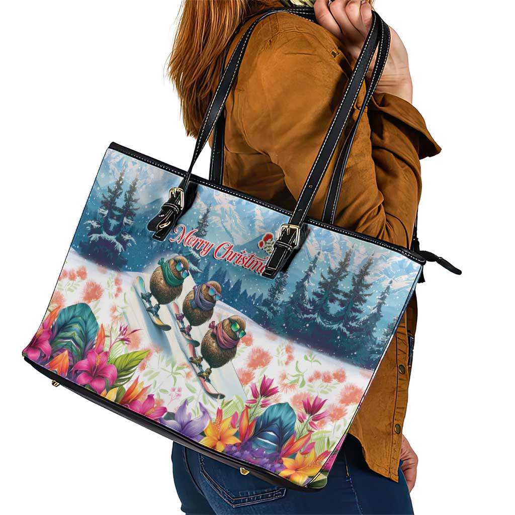 New Zealand Merry Christmas Leather Tote Bag Kiwi Birds Snow Boarding-Vibrant Tropical Flower LT03 - Polynesian Pride
