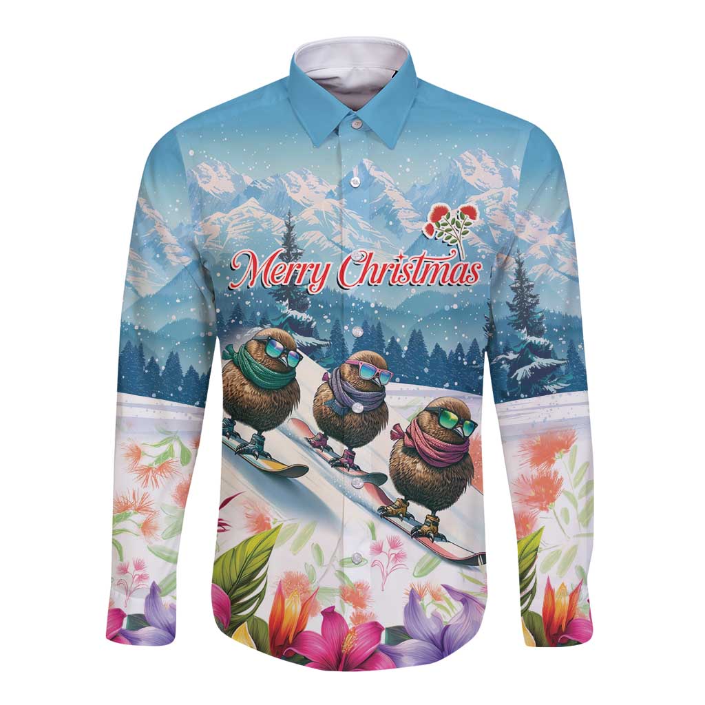 New Zealand Merry Christmas Long Sleeve Button Shirt Kiwi Birds Snow Boarding-Vibrant Tropical Flower LT03 Unisex White - Polynesian Pride