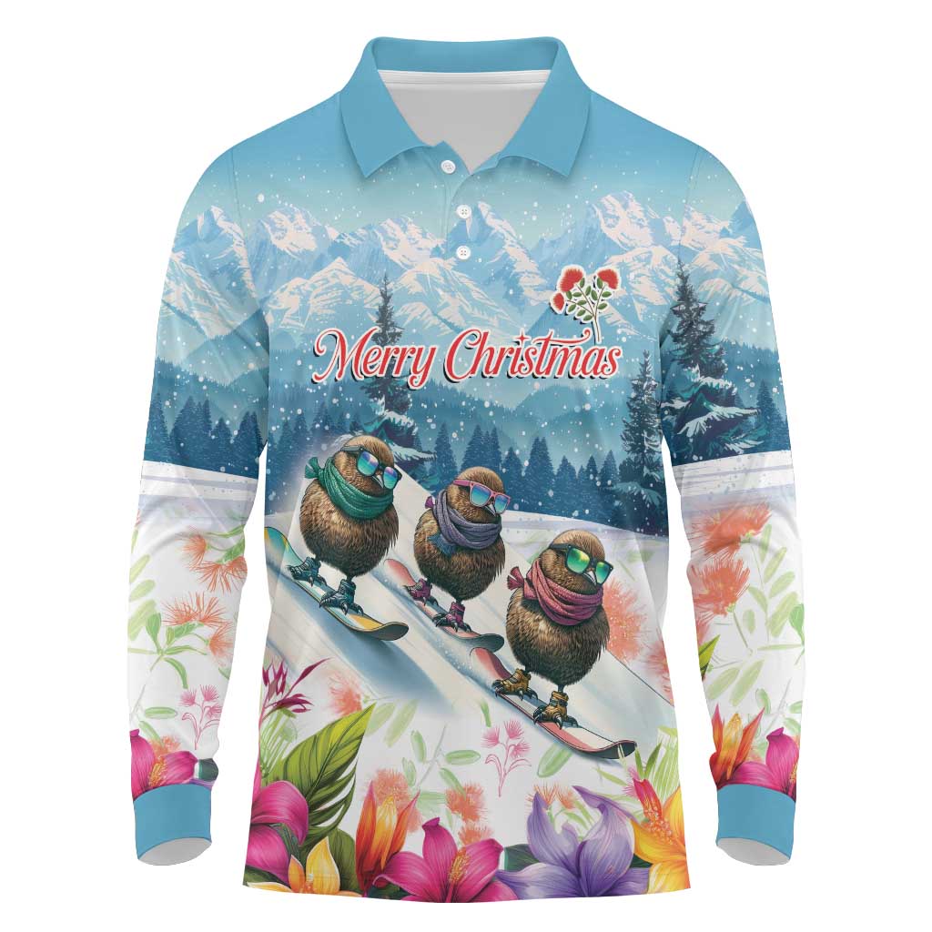 New Zealand Merry Christmas Long Sleeve Polo Shirt Kiwi Birds Snow Boarding-Vibrant Tropical Flower LT03 White - Polynesian Pride