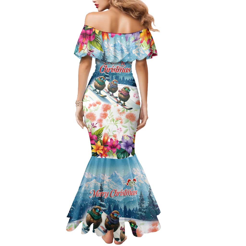 New Zealand Merry Christmas Mermaid Dress Kiwi Birds Snow Boarding-Vibrant Tropical Flower LT03 - Polynesian Pride