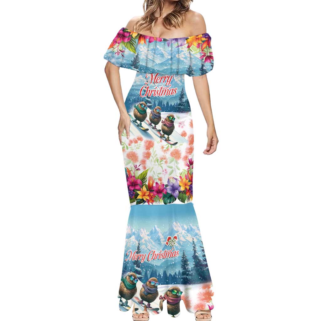 New Zealand Merry Christmas Mermaid Dress Kiwi Birds Snow Boarding-Vibrant Tropical Flower LT03 - Polynesian Pride