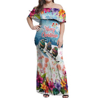 New Zealand Merry Christmas Off Shoulder Maxi Dress Kiwi Birds Snow Boarding-Vibrant Tropical Flower LT03 Women White - Polynesian Pride