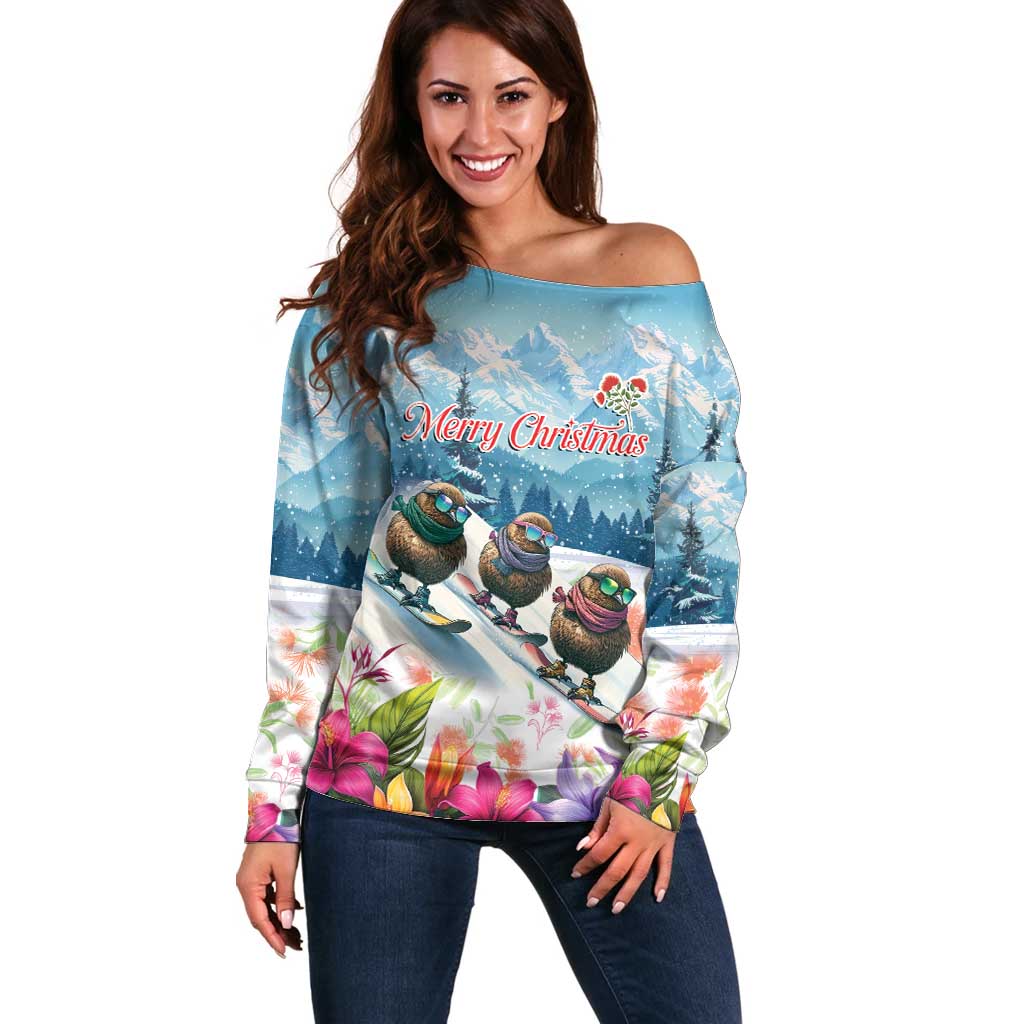 New Zealand Merry Christmas Off Shoulder Sweater Kiwi Birds Snow Boarding-Vibrant Tropical Flower LT03 Women White - Polynesian Pride