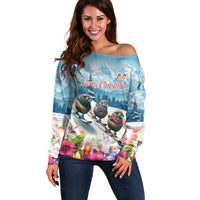 New Zealand Merry Christmas Off Shoulder Sweater Kiwi Birds Snow Boarding-Vibrant Tropical Flower LT03 Women White - Polynesian Pride
