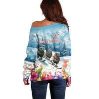 New Zealand Merry Christmas Off Shoulder Sweater Kiwi Birds Snow Boarding-Vibrant Tropical Flower LT03 - Polynesian Pride