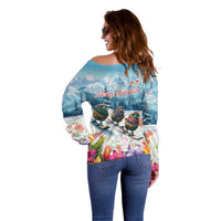 New Zealand Merry Christmas Off Shoulder Sweater Kiwi Birds Snow Boarding-Vibrant Tropical Flower LT03 - Polynesian Pride