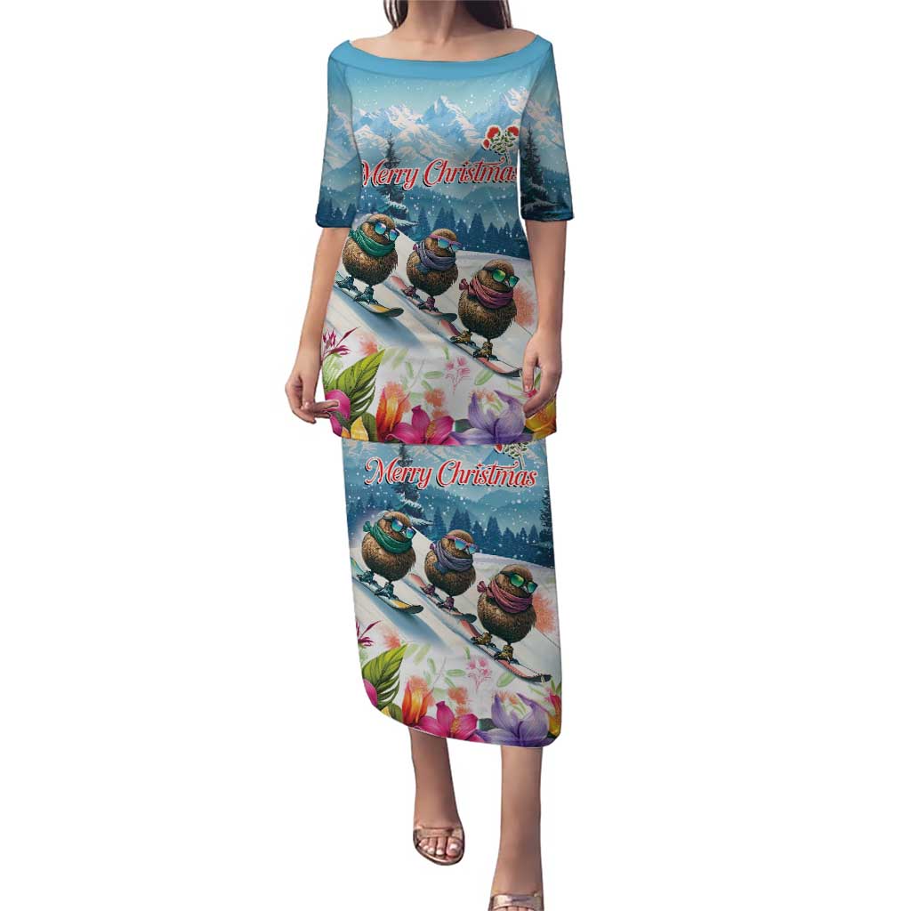 New Zealand Merry Christmas Puletasi Kiwi Birds Snow Boarding-Vibrant Tropical Flower LT03 Long Dress White - Polynesian Pride