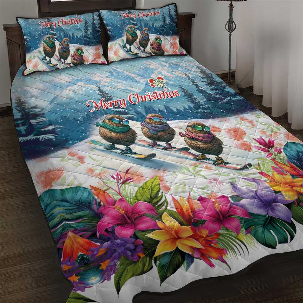 New Zealand Merry Christmas Quilt Bed Set Kiwi Birds Snow Boarding-Vibrant Tropical Flower LT03 White - Polynesian Pride