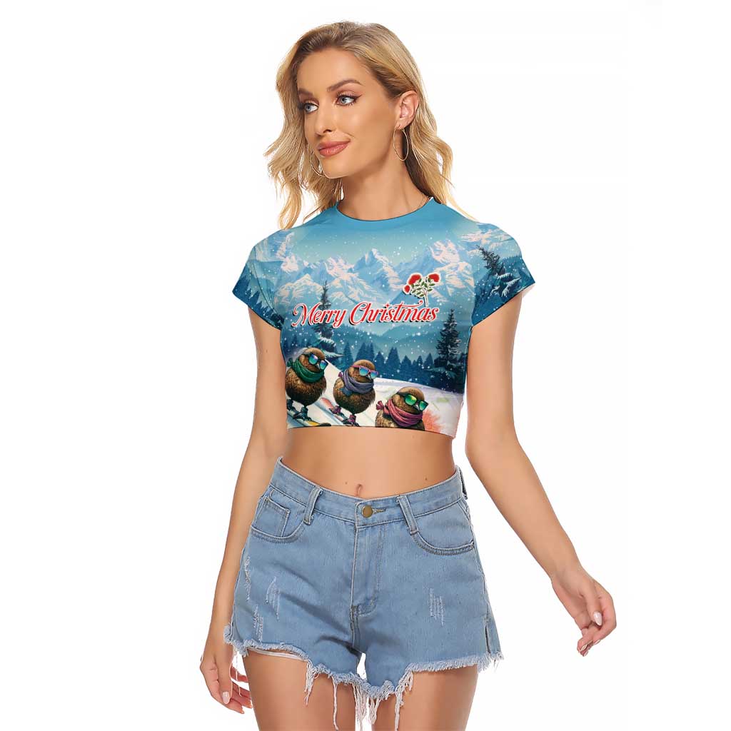 New Zealand Merry Christmas Raglan Cropped T Shirt Kiwi Birds Snow Boarding-Vibrant Tropical Flower LT03 Female White - Polynesian Pride