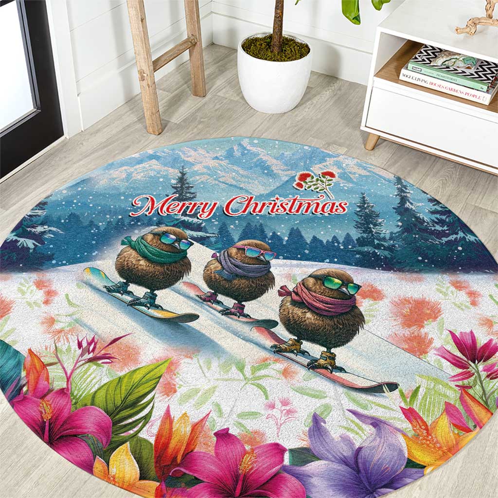 New Zealand Merry Christmas Round Carpet Kiwi Birds Snow Boarding-Vibrant Tropical Flower LT03 White - Polynesian Pride