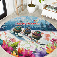 New Zealand Merry Christmas Round Carpet Kiwi Birds Snow Boarding-Vibrant Tropical Flower LT03 White - Polynesian Pride