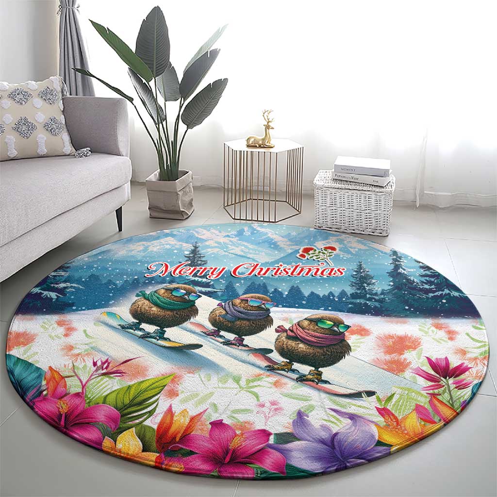 New Zealand Merry Christmas Round Carpet Kiwi Birds Snow Boarding-Vibrant Tropical Flower LT03 - Polynesian Pride