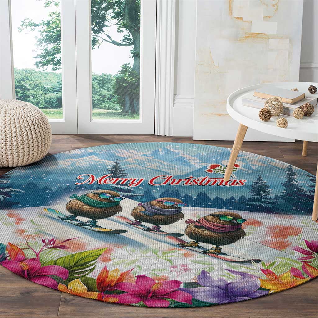 New Zealand Merry Christmas Round Carpet Kiwi Birds Snow Boarding-Vibrant Tropical Flower LT03 - Polynesian Pride