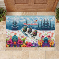 New Zealand Merry Christmas Rubber Doormat Kiwi Birds Snow Boarding-Vibrant Tropical Flower LT03 White - Polynesian Pride