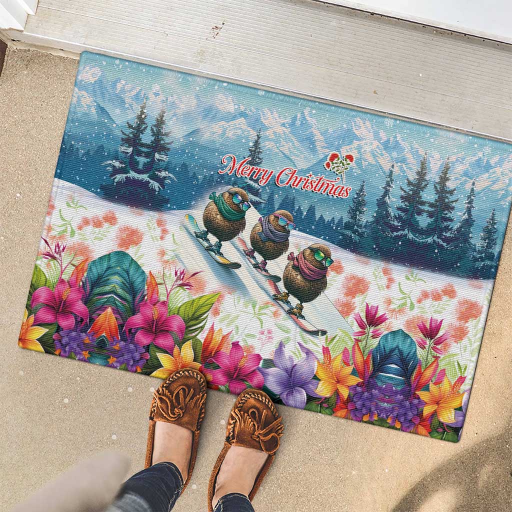 New Zealand Merry Christmas Rubber Doormat Kiwi Birds Snow Boarding-Vibrant Tropical Flower LT03 - Polynesian Pride
