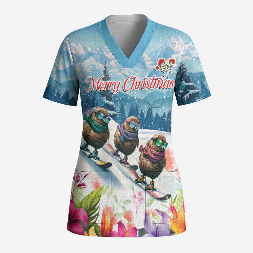 New Zealand Merry Christmas Scrub Top Kiwi Birds Snow Boarding-Vibrant Tropical Flower LT03 Adult White - Polynesian Pride
