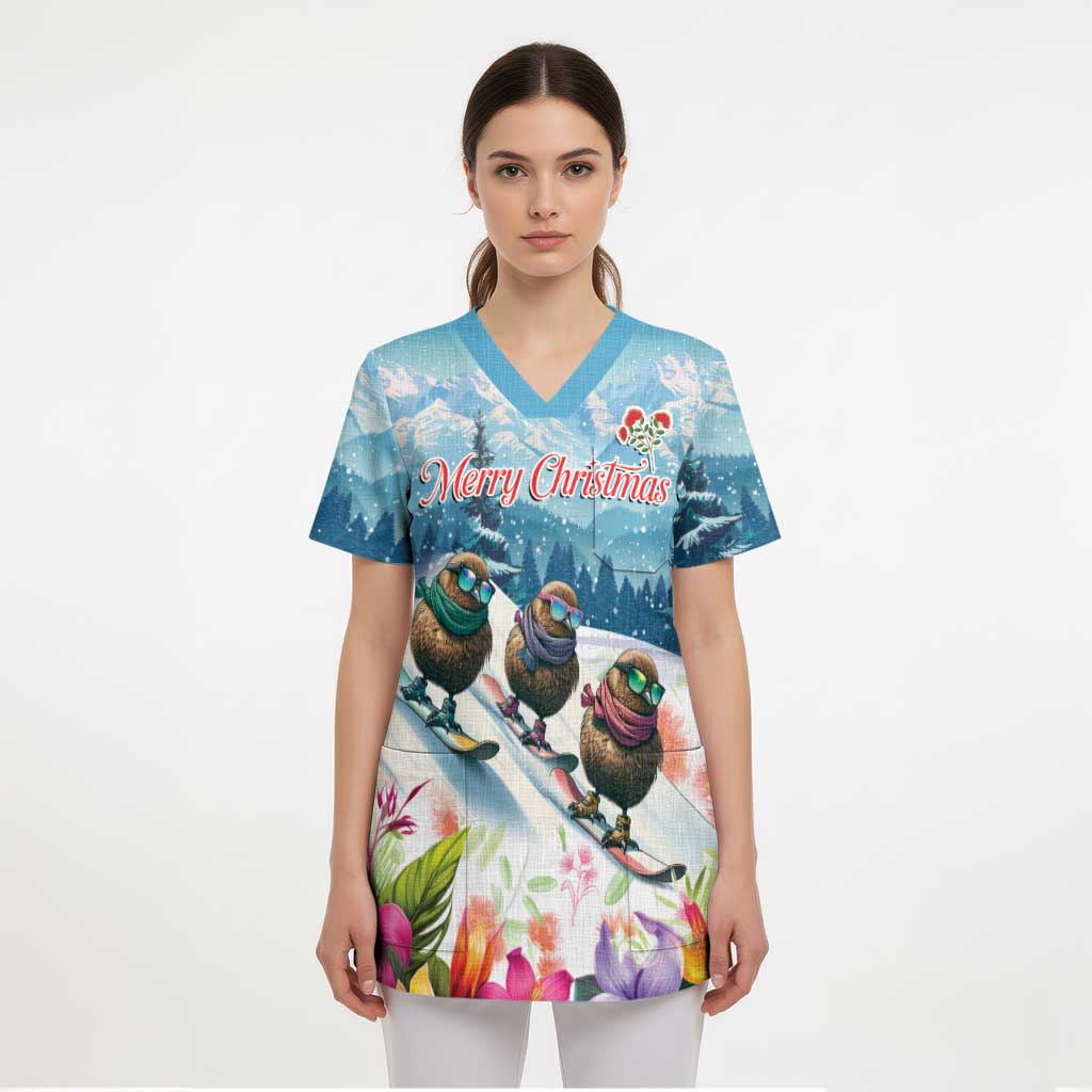 New Zealand Merry Christmas Scrub Top Kiwi Birds Snow Boarding-Vibrant Tropical Flower LT03 - Polynesian Pride