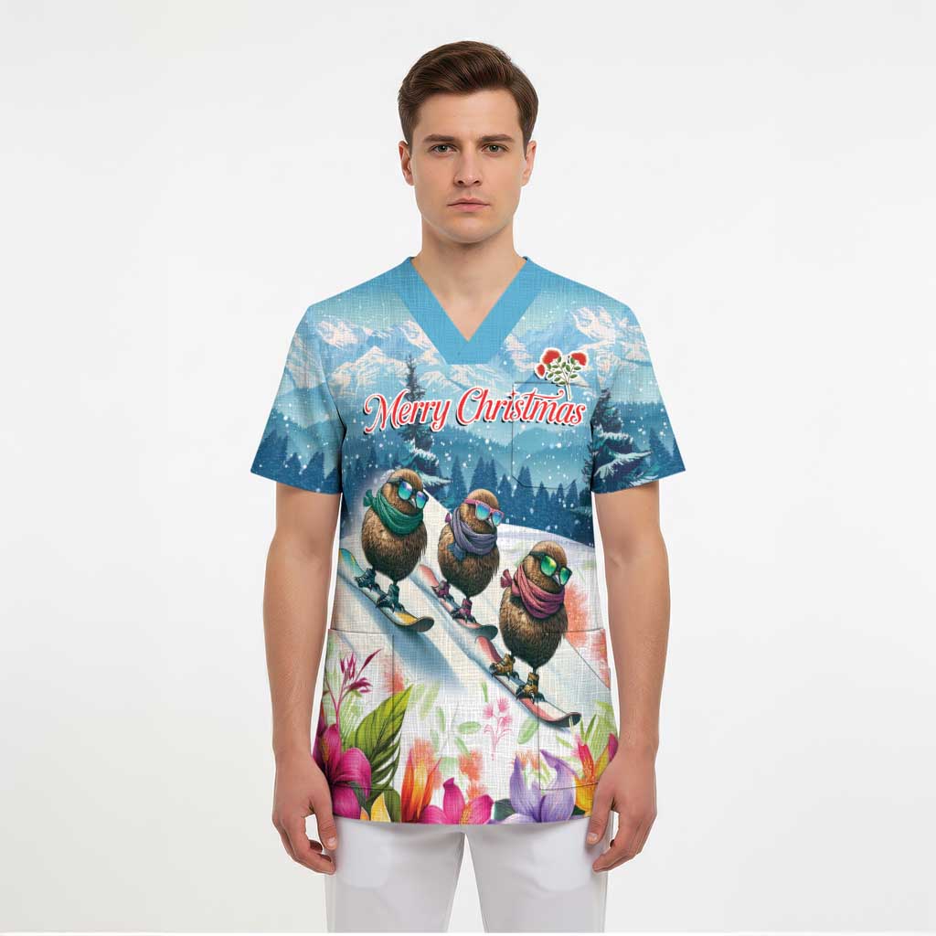 New Zealand Merry Christmas Scrub Top Kiwi Birds Snow Boarding-Vibrant Tropical Flower LT03 - Polynesian Pride