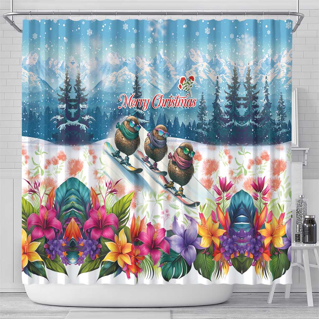 New Zealand Merry Christmas Shower Curtain Kiwi Birds Snow Boarding-Vibrant Tropical Flower LT03 - Polynesian Pride