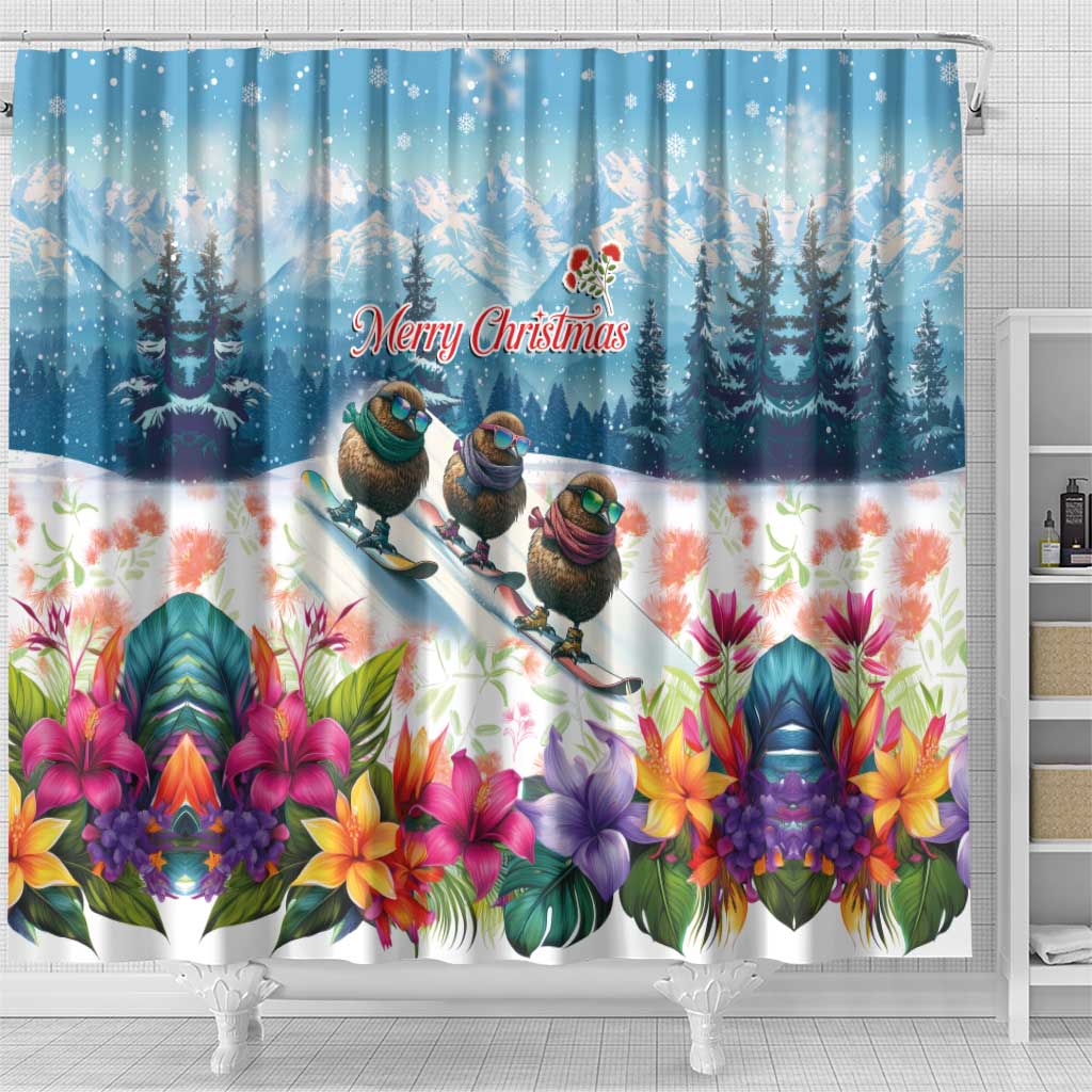 New Zealand Merry Christmas Shower Curtain Kiwi Birds Snow Boarding-Vibrant Tropical Flower LT03 - Polynesian Pride