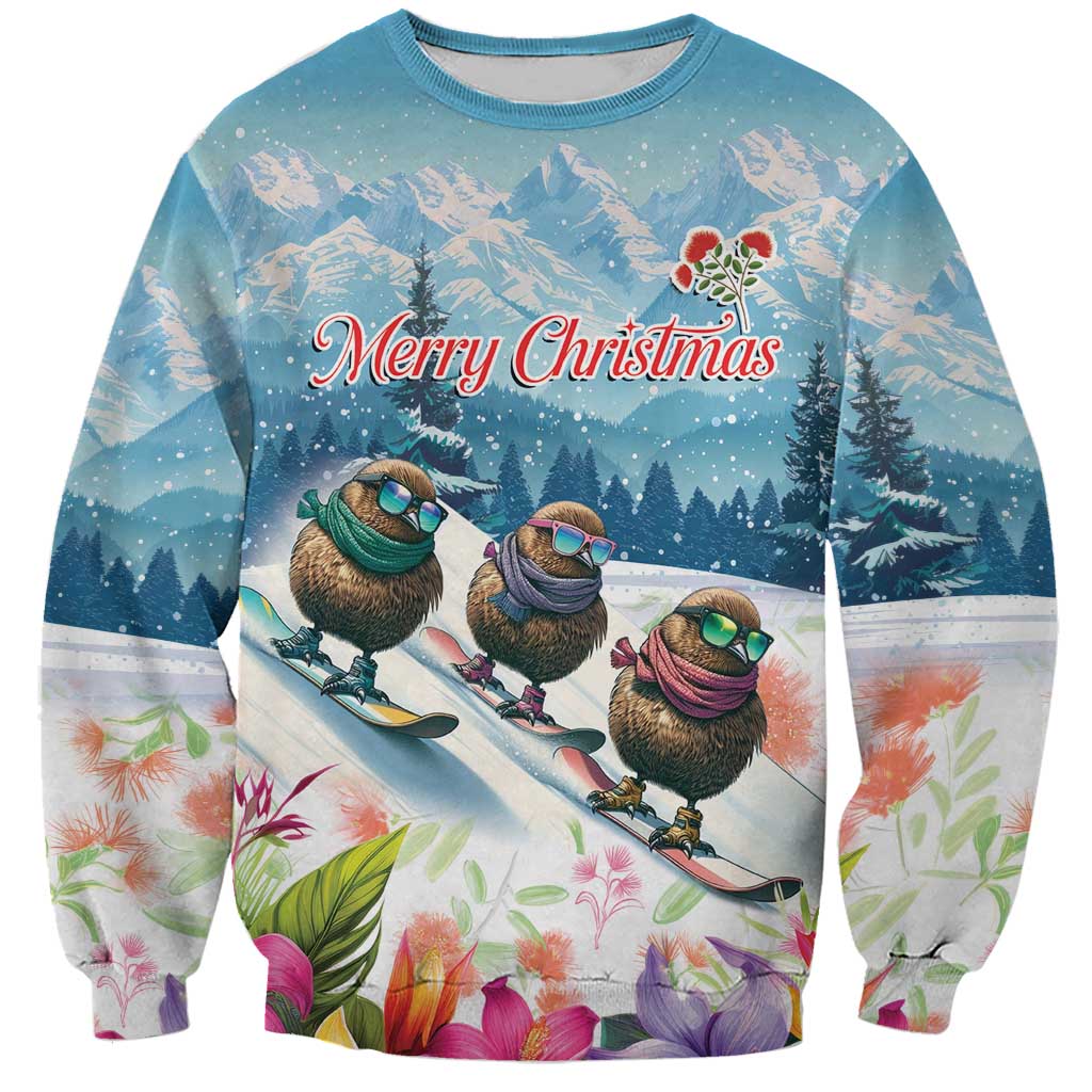 New Zealand Merry Christmas Sweatshirt Kiwi Birds Snow Boarding-Vibrant Tropical Flower LT03 Unisex White - Polynesian Pride