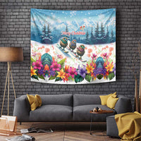 New Zealand Merry Christmas Tapestry Kiwi Birds Snow Boarding-Vibrant Tropical Flower LT03 White - Polynesian Pride