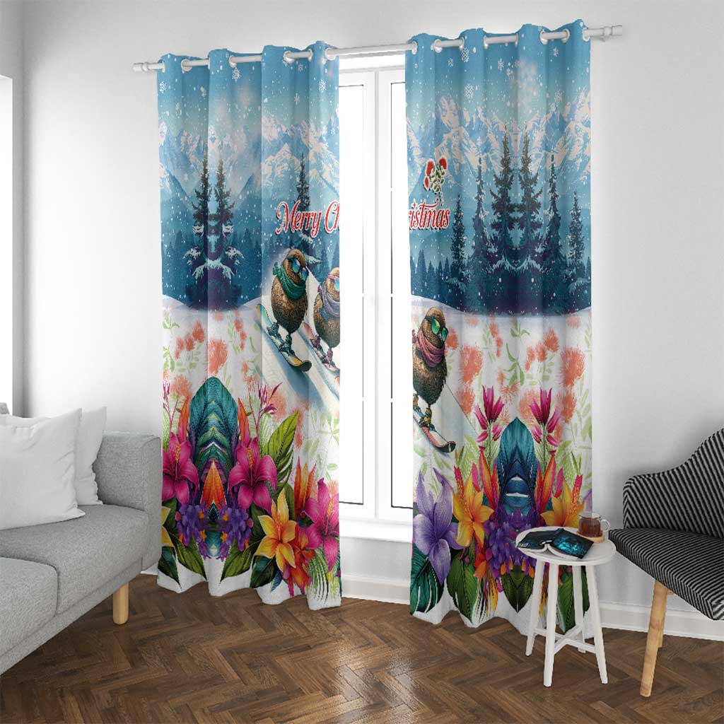 New Zealand Merry Christmas Window Curtain Kiwi Birds Snow Boarding-Vibrant Tropical Flower LT03 With Grommets White - Polynesian Pride