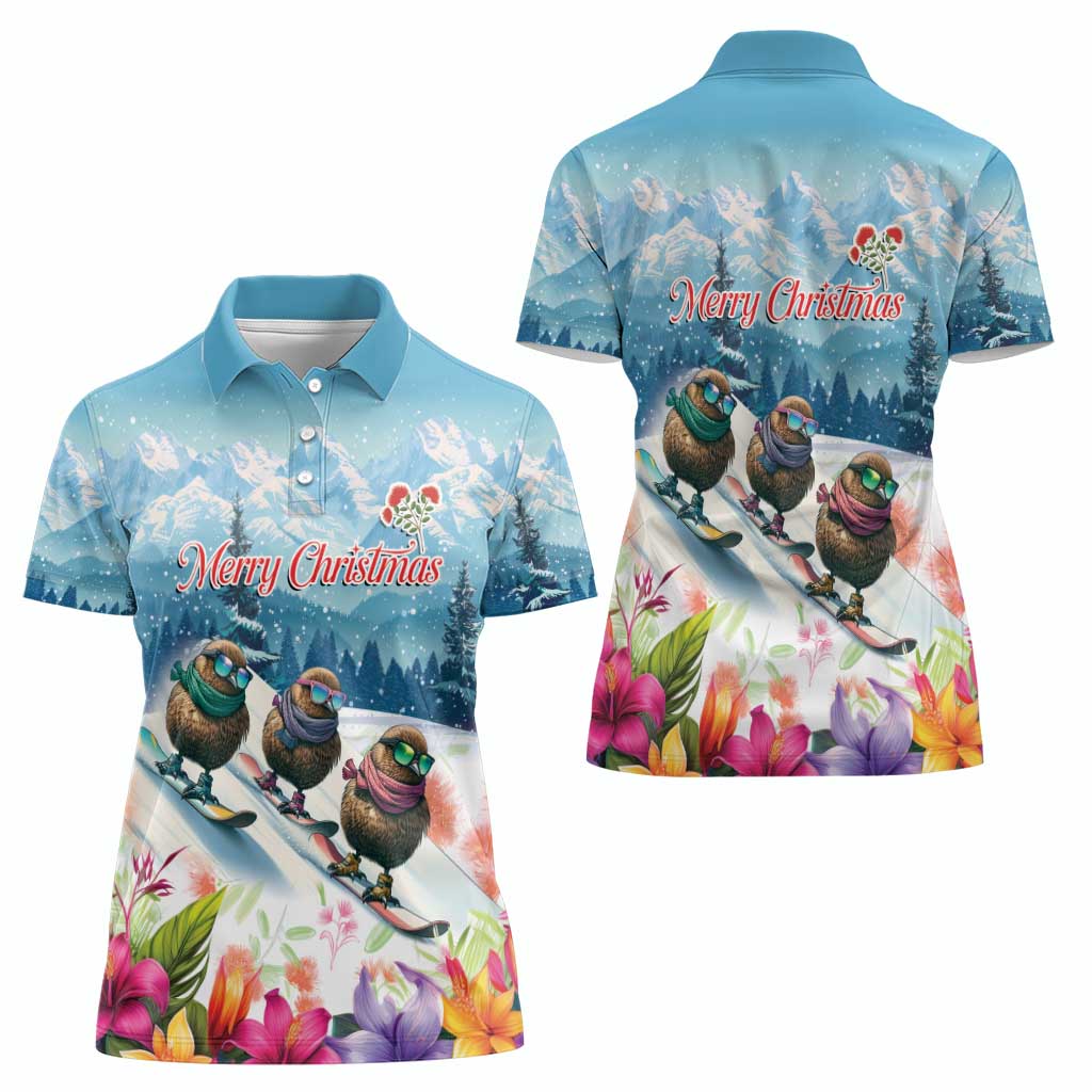 New Zealand Merry Christmas Women Polo Shirt Kiwi Birds Snow Boarding-Vibrant Tropical Flower - Polynesian Pride