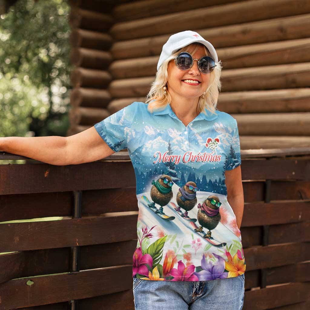 New Zealand Merry Christmas Women Polo Shirt Kiwi Birds Snow Boarding-Vibrant Tropical Flower - Polynesian Pride