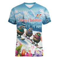 New Zealand Merry Christmas Women V-Neck T-Shirt Kiwi Birds Snow Boarding-Vibrant Tropical Flower LT03 Female White - Polynesian Pride