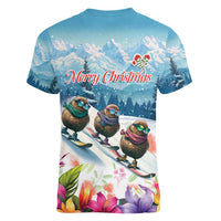 New Zealand Merry Christmas Women V-Neck T-Shirt Kiwi Birds Snow Boarding-Vibrant Tropical Flower LT03 - Polynesian Pride