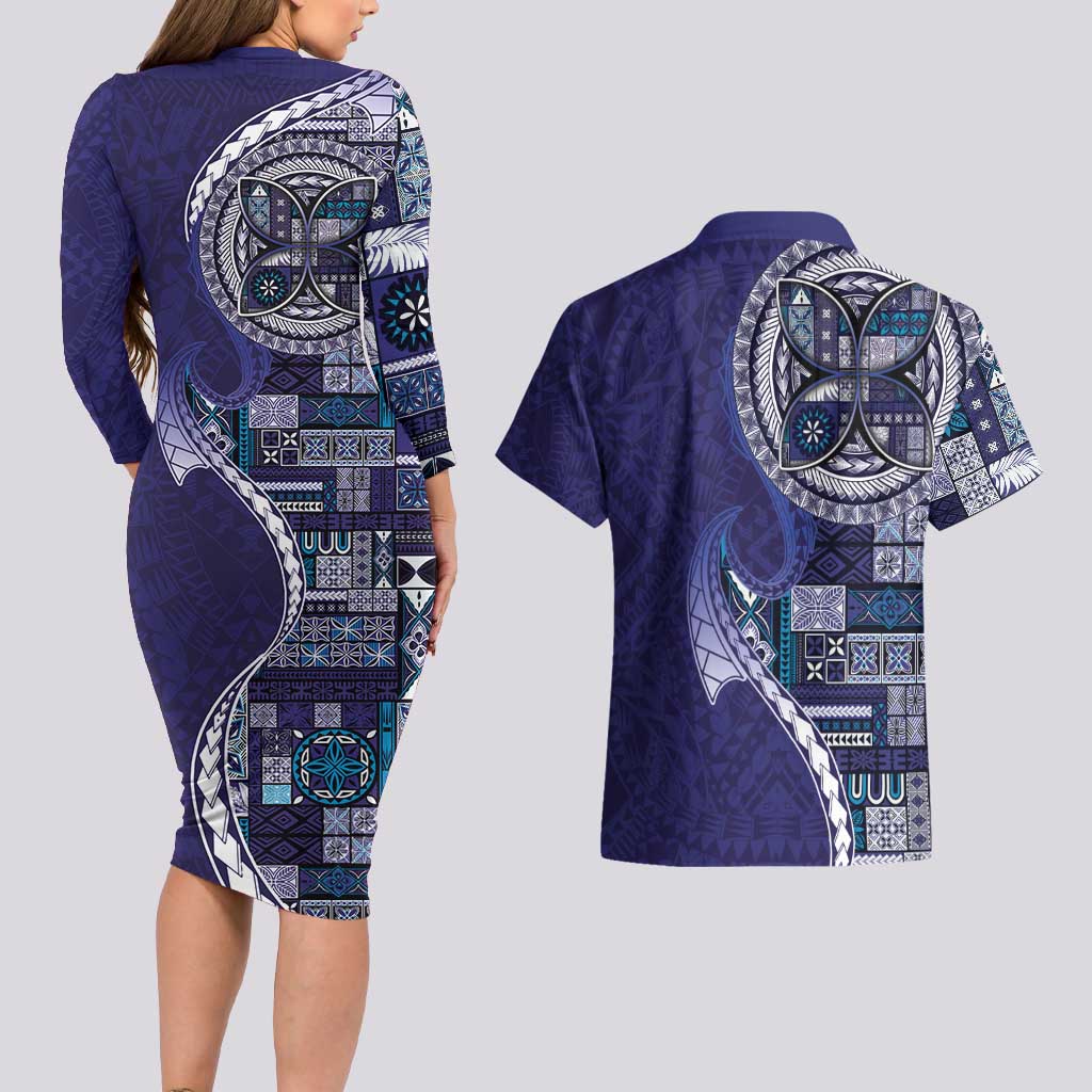 Samoan Siapo Art Tattoo Polynesian Pattern Couples Matching Long Sleeve Bodycon Dress and Hawaiian Shirt Navy Color LT03 - Polynesian Pride