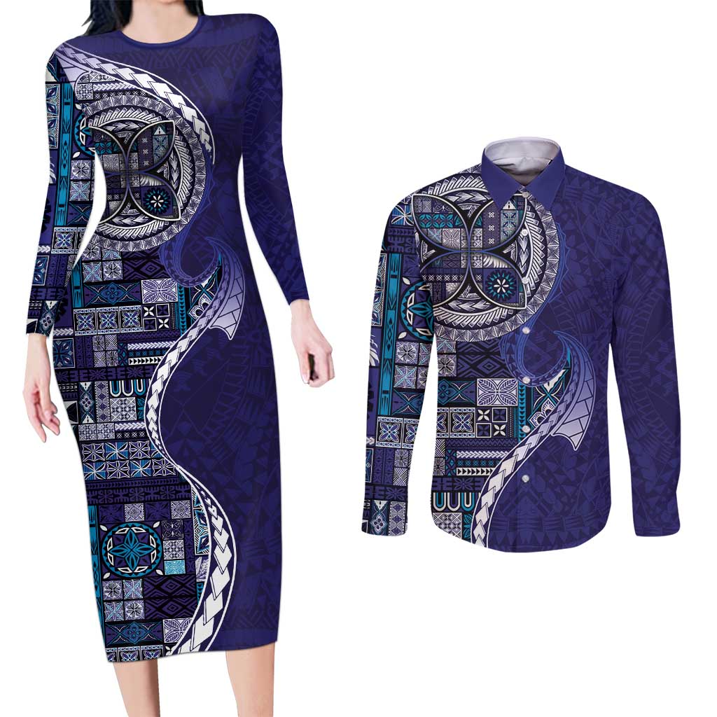 Samoan Siapo Art Tattoo Polynesian Pattern Couples Matching Long Sleeve Bodycon Dress and Long Sleeve Button Shirt Navy Color LT03 Navy - Polynesian Pride