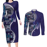 Samoan Siapo Art Tattoo Polynesian Pattern Couples Matching Long Sleeve Bodycon Dress and Long Sleeve Button Shirt Navy Color LT03 Navy - Polynesian Pride