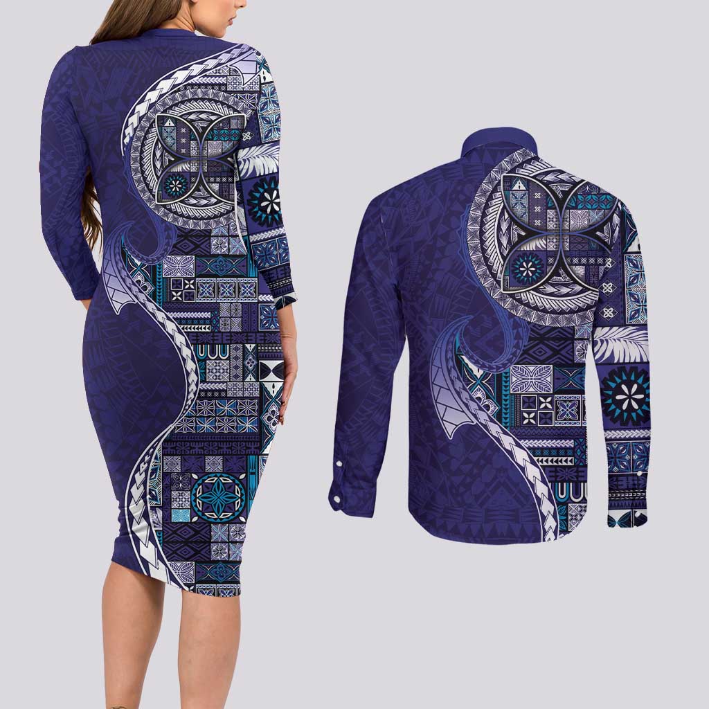 Samoan Siapo Art Tattoo Polynesian Pattern Couples Matching Long Sleeve Bodycon Dress and Long Sleeve Button Shirt Navy Color LT03 - Polynesian Pride