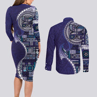 Samoan Siapo Art Tattoo Polynesian Pattern Couples Matching Long Sleeve Bodycon Dress and Long Sleeve Button Shirt Navy Color LT03 - Polynesian Pride