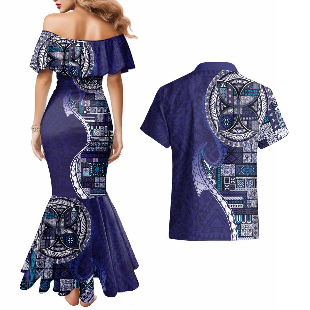 Samoan Siapo Art Tattoo Polynesian Pattern Couples Matching Mermaid Dress and Hawaiian Shirt Navy Color LT03 - Polynesian Pride