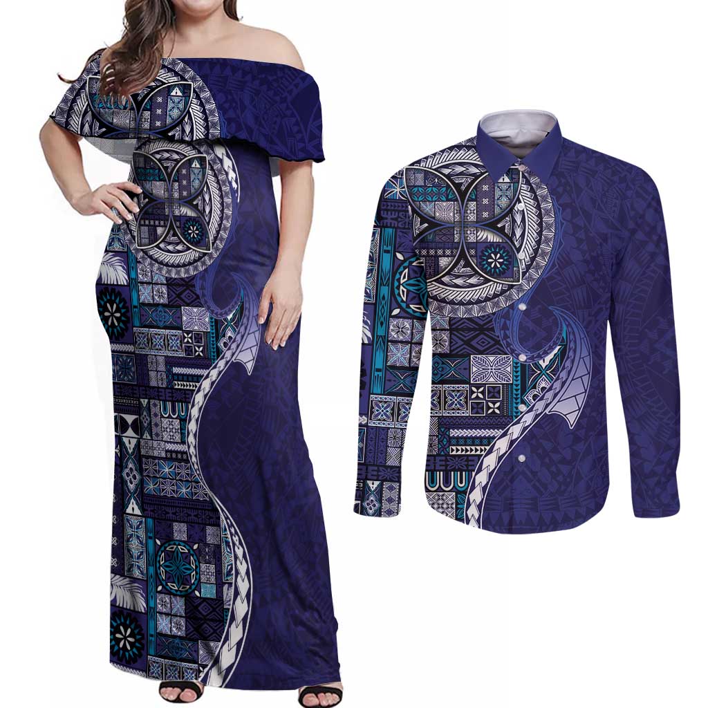Samoan Siapo Art Tattoo Polynesian Pattern Couples Matching Off Shoulder Maxi Dress and Long Sleeve Button Shirt Navy Color - Polynesian Pride