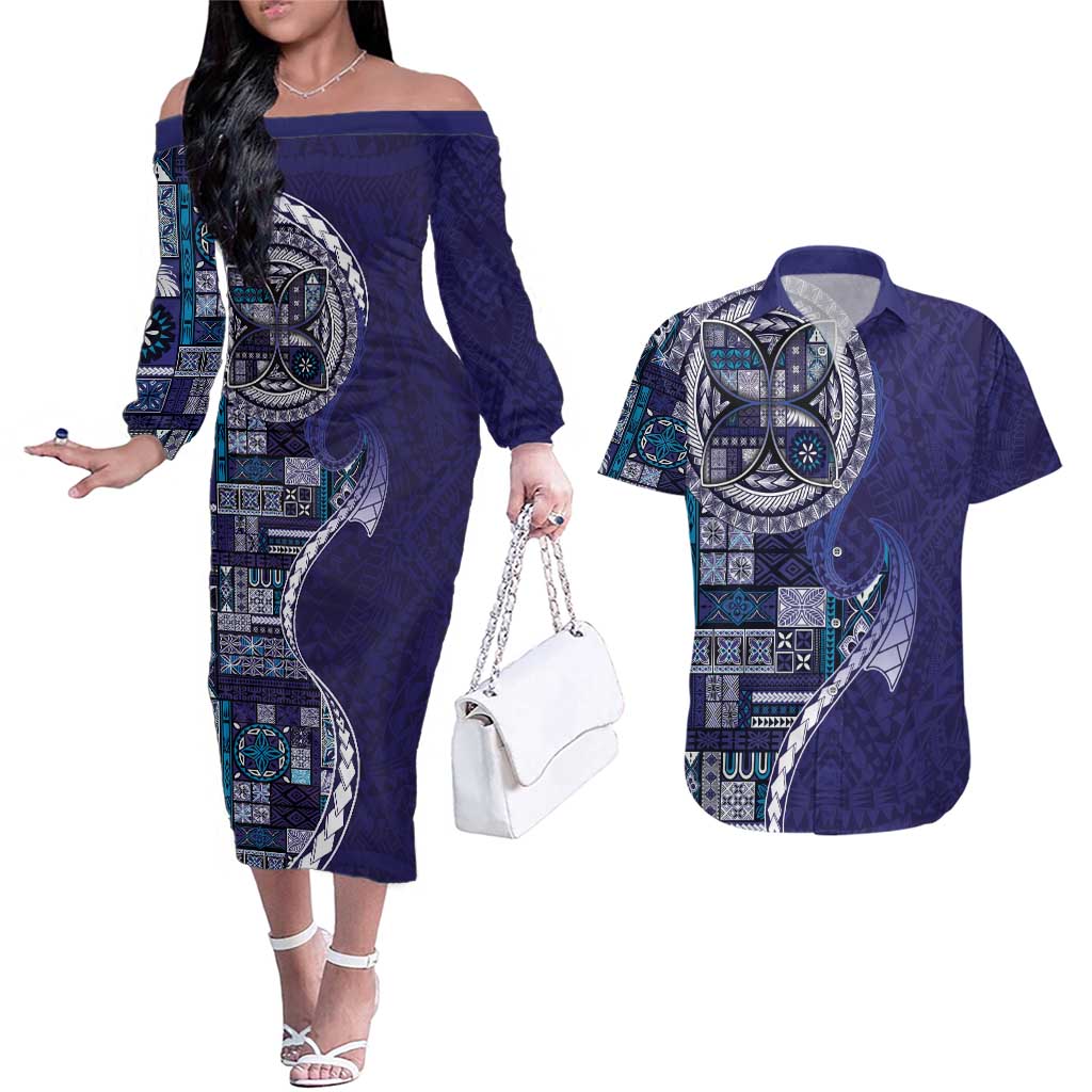 Samoan Siapo Art Tattoo Polynesian Pattern Couples Matching Off The Shoulder Long Sleeve Dress and Hawaiian Shirt Navy Color LT03 Navy - Polynesian Pride