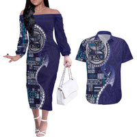 Samoan Siapo Art Tattoo Polynesian Pattern Couples Matching Off The Shoulder Long Sleeve Dress and Hawaiian Shirt Navy Color LT03 Navy - Polynesian Pride