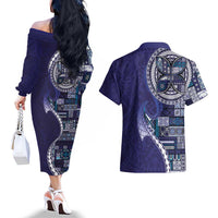 Samoan Siapo Art Tattoo Polynesian Pattern Couples Matching Off The Shoulder Long Sleeve Dress and Hawaiian Shirt Navy Color LT03 - Polynesian Pride