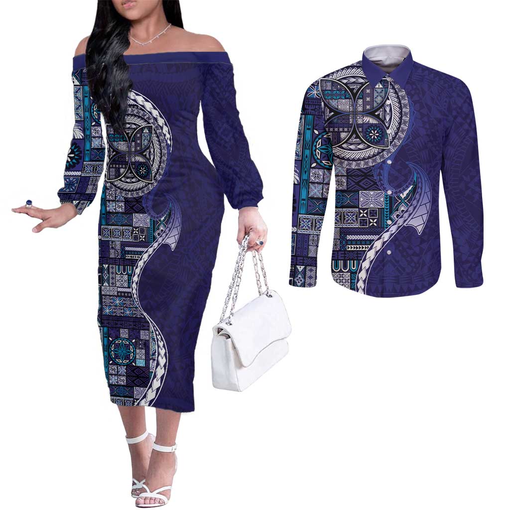 Samoan Siapo Art Tattoo Polynesian Pattern Couples Matching Off The Shoulder Long Sleeve Dress and Long Sleeve Button Shirt Navy Color LT03 Navy - Polynesian Pride