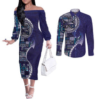 Samoan Siapo Art Tattoo Polynesian Pattern Couples Matching Off The Shoulder Long Sleeve Dress and Long Sleeve Button Shirt Navy Color LT03 Navy - Polynesian Pride